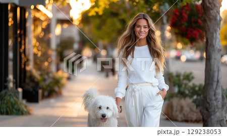 Stylish woman walking fluffy white dog along tree shaded urban sidewalk, basking in golden afternoon sunlight with cheerful smile 129238053