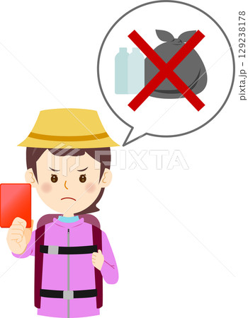 ゴミにレッドカードを出す登山者の女性 ゴミにレッドカードを出す登山者の女性 129238178