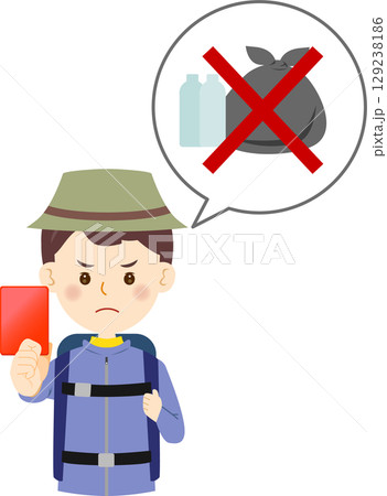 ゴミにレッドカードを出す登山者の男性 129238186