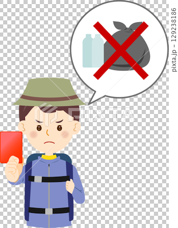 ゴミにレッドカードを出す登山者の男性 129238186