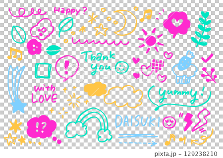 彩色手繪感謝塗鴉 | 謝謝、愛、音符和彩虹流行材料 彩色手繪感謝塗鴉 | 謝謝、愛、音符和彩虹流行材料 129238210