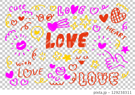 カラフルなクレヨン風の手描きハートとLOVE文字のラブリーモチーフ