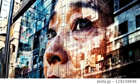 Melancholic japanese woman reflecting urban landscape 129238646