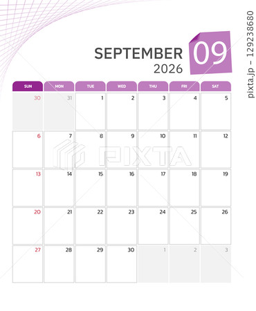 September 2026 Calendar. Week start on Sunday. Desk calendar 2026 design, simple and clean design, Wall calendar for print, digital calendar, Corporate design planner template vector. 129238680