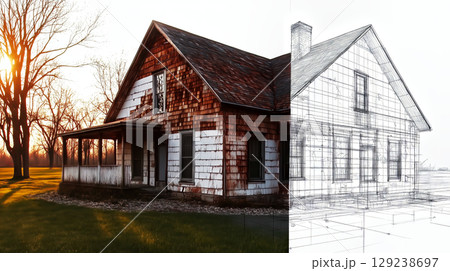 Custom house renovation project showing before and after states with architectural drawing at sunset 129238697