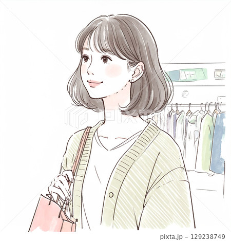買い物をするナチュラルな水彩画風の女性イラスト 129238749