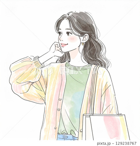 買い物をするナチュラルな水彩画風の女性イラスト 129238767