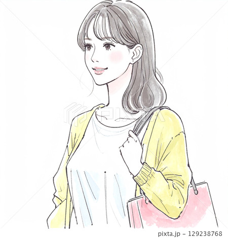 買い物をするナチュラルな水彩画風の女性イラスト 129238768