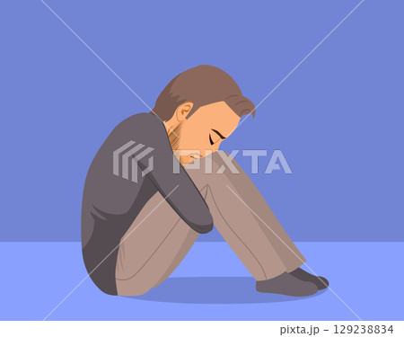Depressed Man Feeling Blue Vector Illustration 129238834