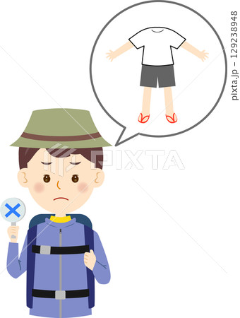 バツの札を掲げるアウトドアウェアの男性 129238948