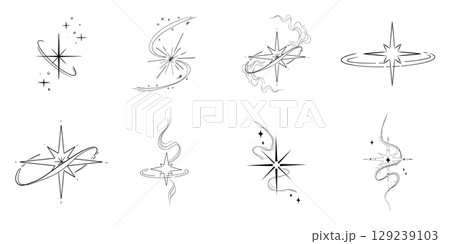 Abstract y2k line star, tattoo aesthetic doodle or sketch. Sparkle swirl silhouette line light, move, trail. Retro space orbit geometric Abstract y2k line star, tattoo aesthetic doodle or sketch. Sparkle swirl silhouette line light, move, trail. Retro space orbit geometric 129239103
