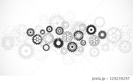 Cogs and gear wheel mechanisms. Concepts and ideas for hi-tech digital technology and engineering design. Abstract technical background of mechanical engineering. 129239297