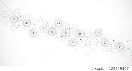 Information technology background with infographic elements and flat icons. Digital technology, network connection and communication concept. 129239307