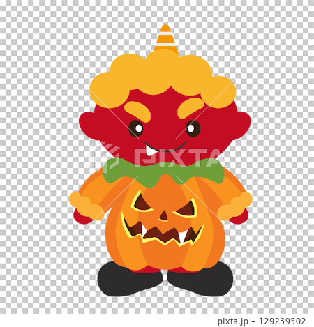 一個可愛的紅色惡魔裝扮成萬聖節南瓜的插圖 129239502