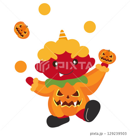 ハロウィンのカボチャの服を着た赤鬼がジャグリングをするイラスト 129239503