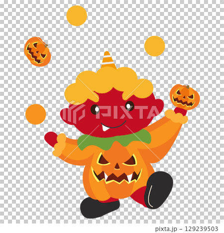 ハロウィンのカボチャの服を着た赤鬼がジャグリングをするイラスト 129239503