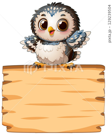 Cute Owl on Wooden Sign 129239504