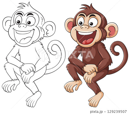 Cartoon Monkey Character with Line Art and Color Version 129239507