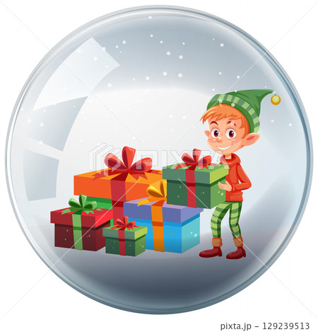 Festive Elf with Colorful Gift Boxes in Snow Globe Festive Elf with Colorful Gift Boxes in Snow Globe 129239513