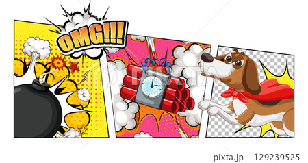 Comic Style Superhero Dog Saves the Day from Bombs 129239525