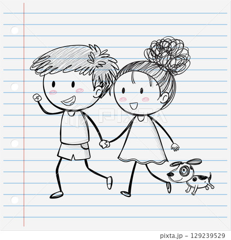 Joyful Kids and Dog Sketch Joyful Kids and Dog Sketch 129239529