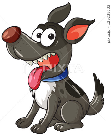 Cartoon Happy Dog Sitting With Blue Collar 129239532