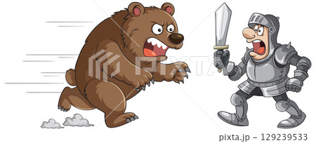 Knight Confronts Charging Bear in Cartoon Style 129239533