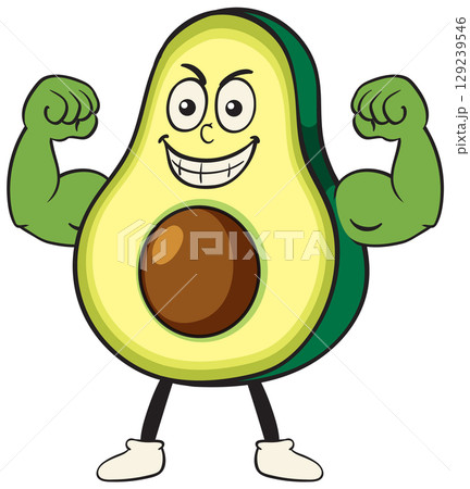 Strong Avocado Cartoon with Muscular Arms 129239546