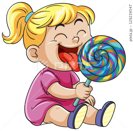 Happy Blonde Girl Enjoying Giant Colorful Lollipop 129239547