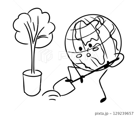 Hand drawn vector of Earth character planting a tree with a shovel in black and white. Illustration symbolizing environmental protection, ecology, and sustainability 129239657
