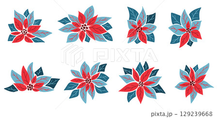Hand drawn vector set of stylized poinsettia flowers in red and blue shades on white background. Illustration symbolizing Christmas decoration, holiday spirit, and winter floral design 129239668