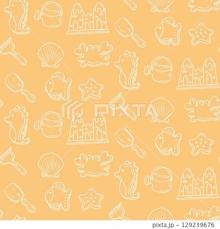 Seamless pattern with hand drawn beach toys, sea creatures, and sandcastles on an orange background. Vector illustration representing summer fun, childhood, and seaside playtime 129239676