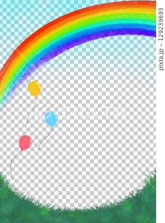 草原の上に青空が広がり虹がかかって風船が飛んでいる風景（風船が左） 129239693
