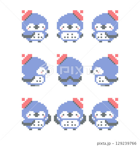 赤色ベレー帽と青色フクロウのドット絵 129239766
