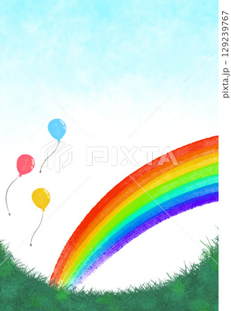 青空に虹と風船が飛ぶ草原のイラスト 青空に虹と風船が飛ぶ草原のイラスト 129239767