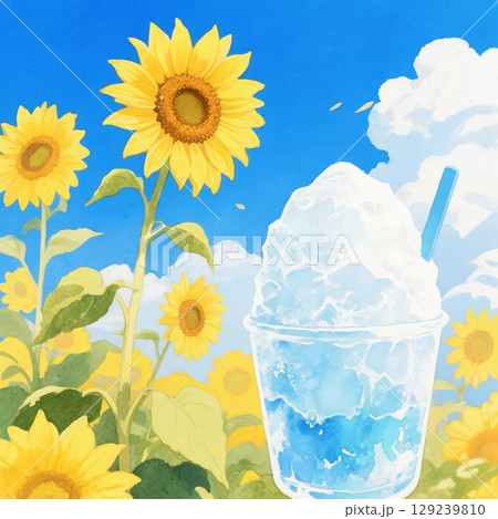 かき氷と夏を彩るひまわり 129239810