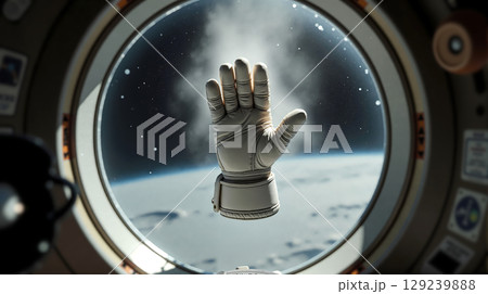 Astronaut glove floating outside spaceship window with Earth in background, space scene concept. Astronaut glove floating outside spaceship window with Earth in background, space scene concept. 129239888
