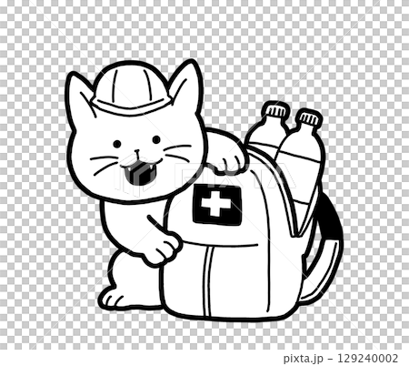 防災用リュック（非常用持出袋）と猫　白黒の手書きイラスト 129240002