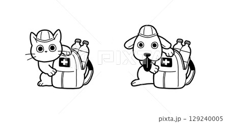 防災用リュック(非常用持出袋)と犬猫 白黒の手書きイラスト 防災用リュック(非常用持出袋)と犬猫 白黒の手書きイラスト 129240005