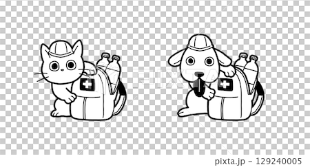 Disaster preparedness backpack (emergency bag) and dog and cat black and white hand-drawn illustration Disaster preparedness backpack (emergency bag) and dog and cat black and white hand-drawn illustration 129240005