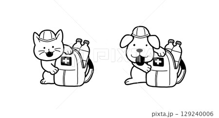 防災用リュック(非常用持出袋)と犬猫 白黒の手書きイラスト 防災用リュック(非常用持出袋)と犬猫 白黒の手書きイラスト 129240006