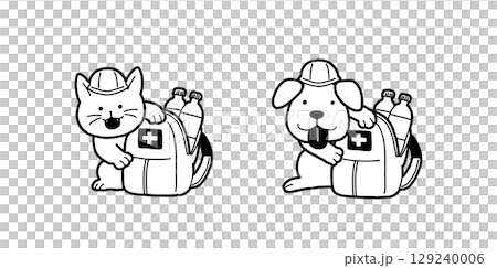 防災用リュック(非常用持出袋)と犬猫 白黒の手書きイラスト 防災用リュック(非常用持出袋)と犬猫 白黒の手書きイラスト 129240006
