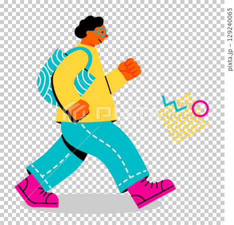 A pop and colorful illustration of a young man walking energetically 129240065