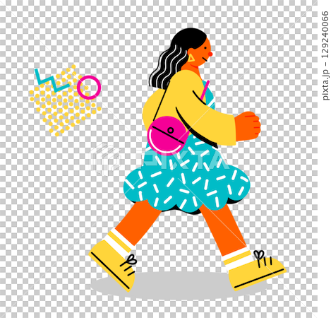 A pop and colorful illustration of a young woman walking energetically 129240066