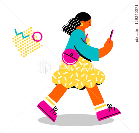 スマホを見ながら歩く若い女性のポップでカラフルなイラスト 129240071