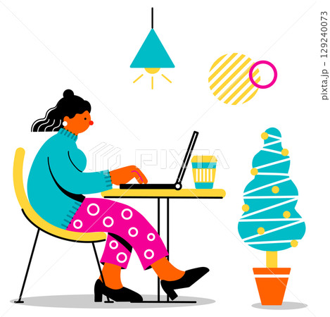カフェでPC作業をする若い女性のポップでカラフルなイラスト 129240073