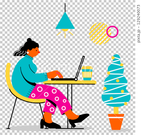 カフェでPC作業をする若い女性のポップでカラフルなイラスト 129240073