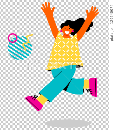 A pop and colorful illustration of a young woman jumping for joy 129240074