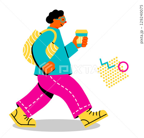 コーヒーを持って歩く若い男性のポップでカラフルなイラスト 129240075