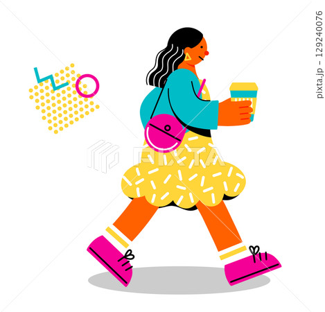 コーヒーを持って歩く若い女性のポップでカラフルなイラスト 129240076